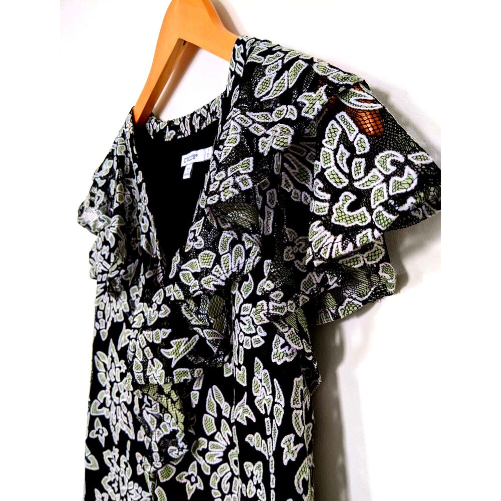 Chico's Women's Floral Green and Black Laced Flutter Sleeve Blouse, Size 1 M